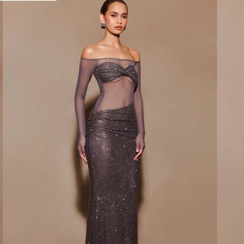 Meshki Sheer Off-Shoulder Sparkle Maxi Dress in Gray